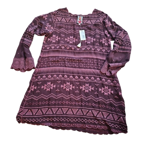 Johnny Was Women Boho Eyelet Embroidered Long sleeves Shift Slip Mini Dress - Picture 12 of 13